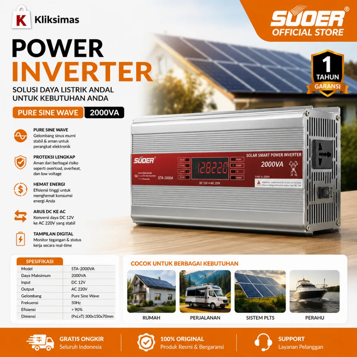SUOER INVERTER STA 2000 WATT 12 VOLT MODIFIED SINE WAVE