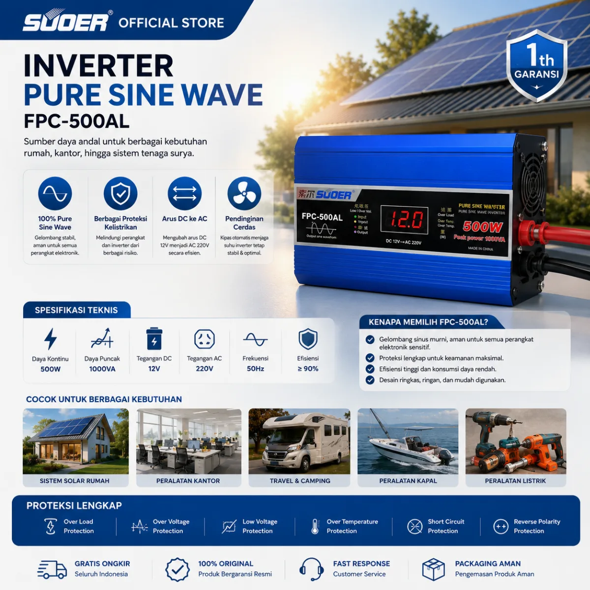 SUOER INVERTER FPC 500 WATT PURE SINE WAVE