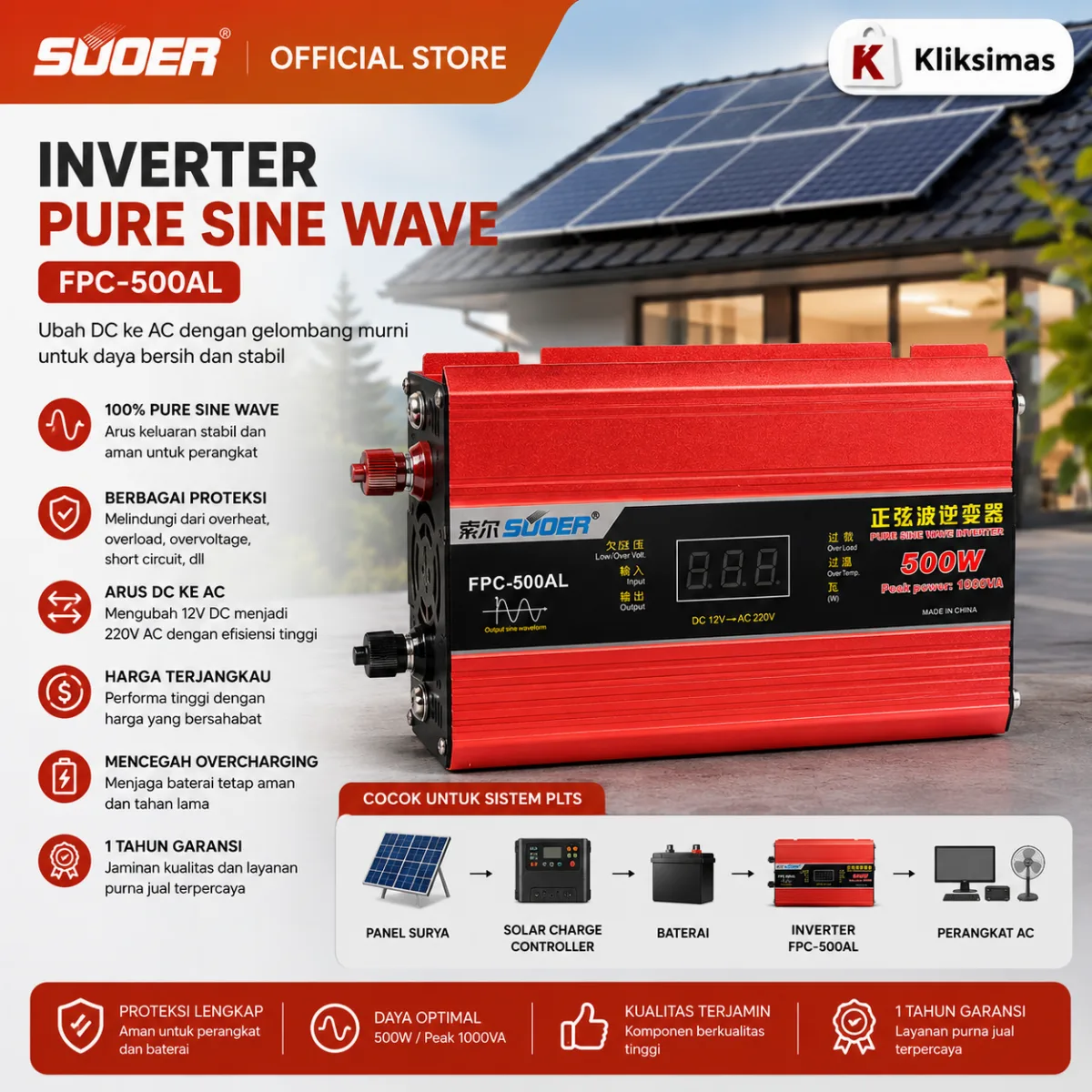SUOER INVERTER FPC 500 WATT PURE SINE WAVE
