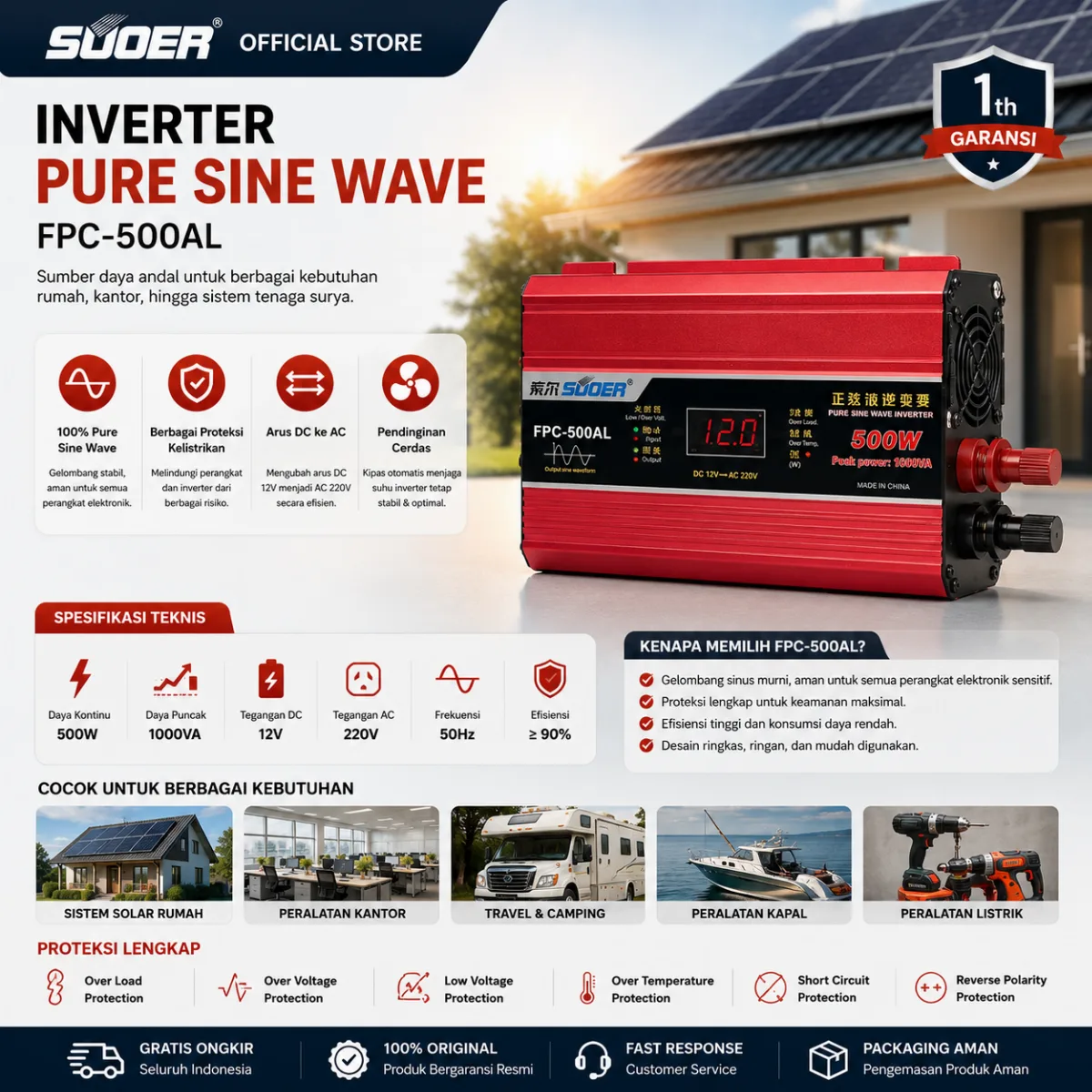 SUOER INVERTER FPC 500 WATT PURE SINE WAVE
