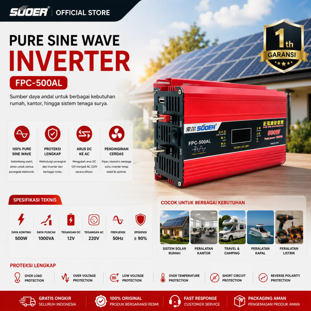 SUOER INVERTER FPC 500 WATT PURE SINE WAVE