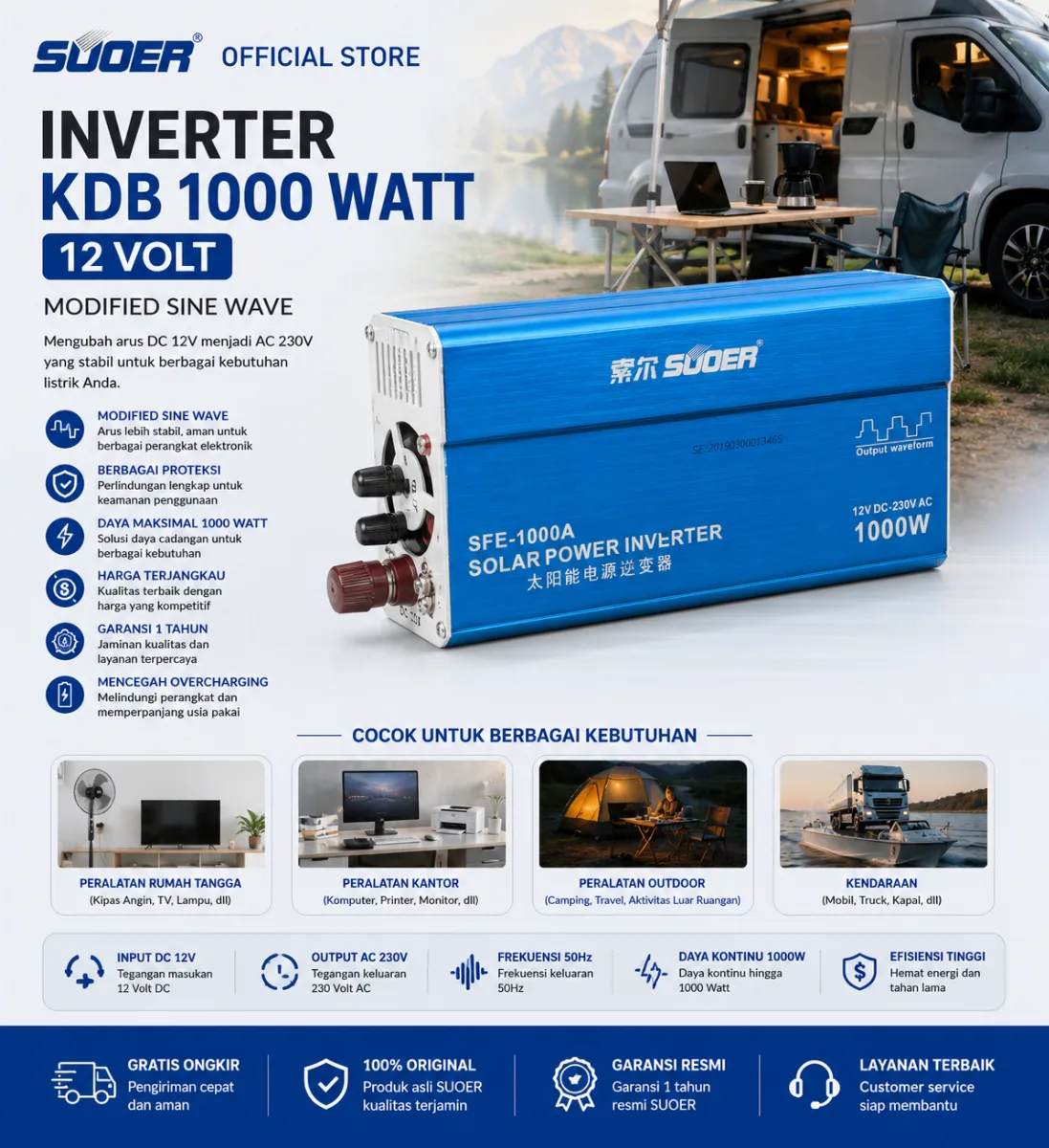 SUOER INVERTER KDB 1000 WATT 12 VOLT MODIFIED SINE WAVE
