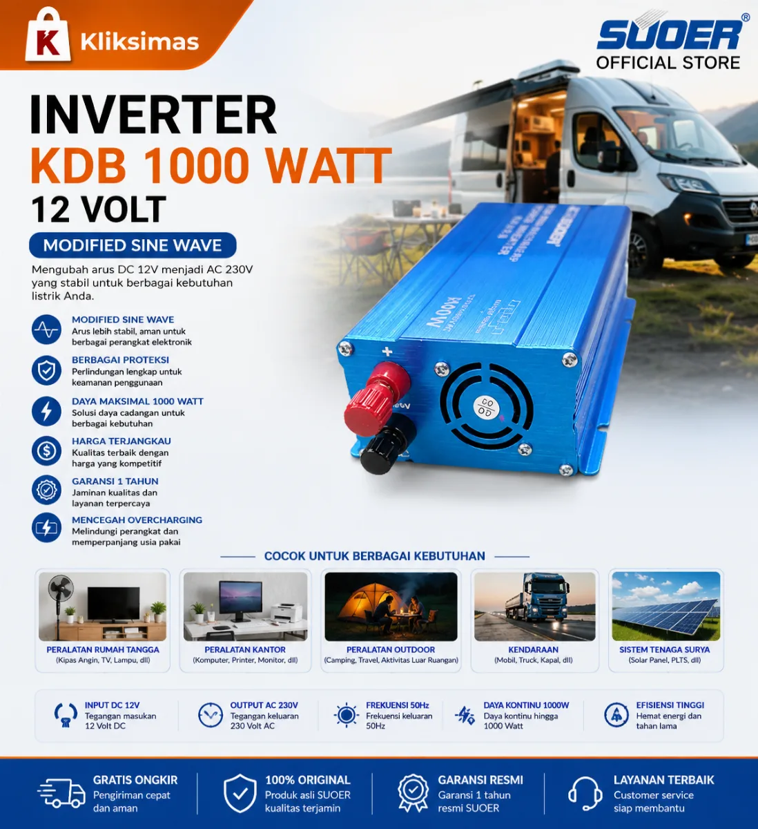 SUOER INVERTER KDB 1000 WATT 12 VOLT MODIFIED SINE WAVE