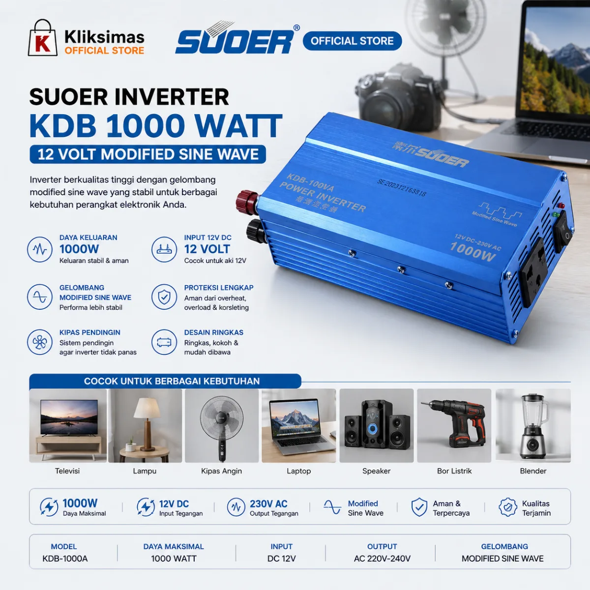SUOER INVERTER KDB 1000 WATT 12 VOLT MODIFIED SINE WAVE