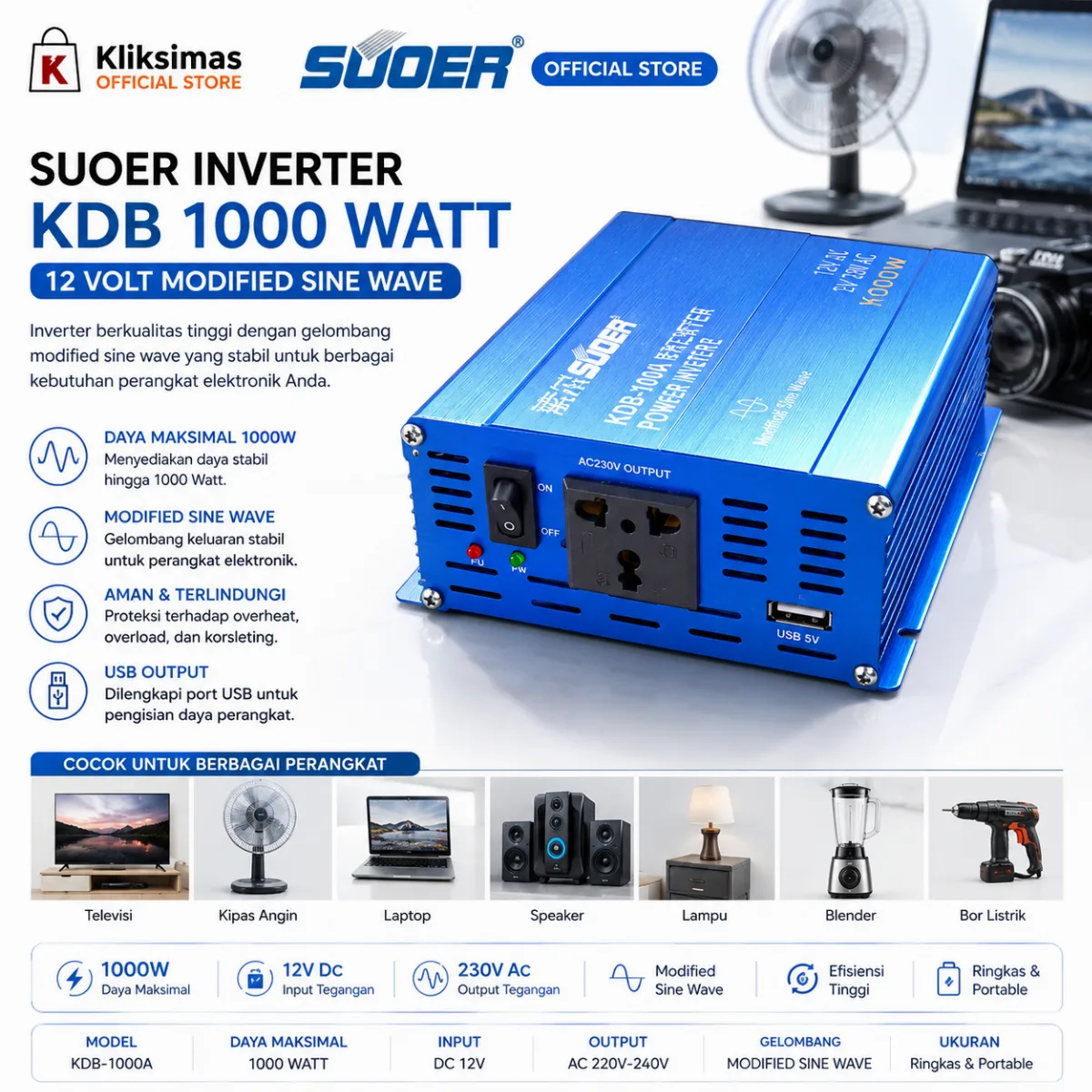 SUOER INVERTER KDB 1000 WATT 12 VOLT MODIFIED SINE WAVE