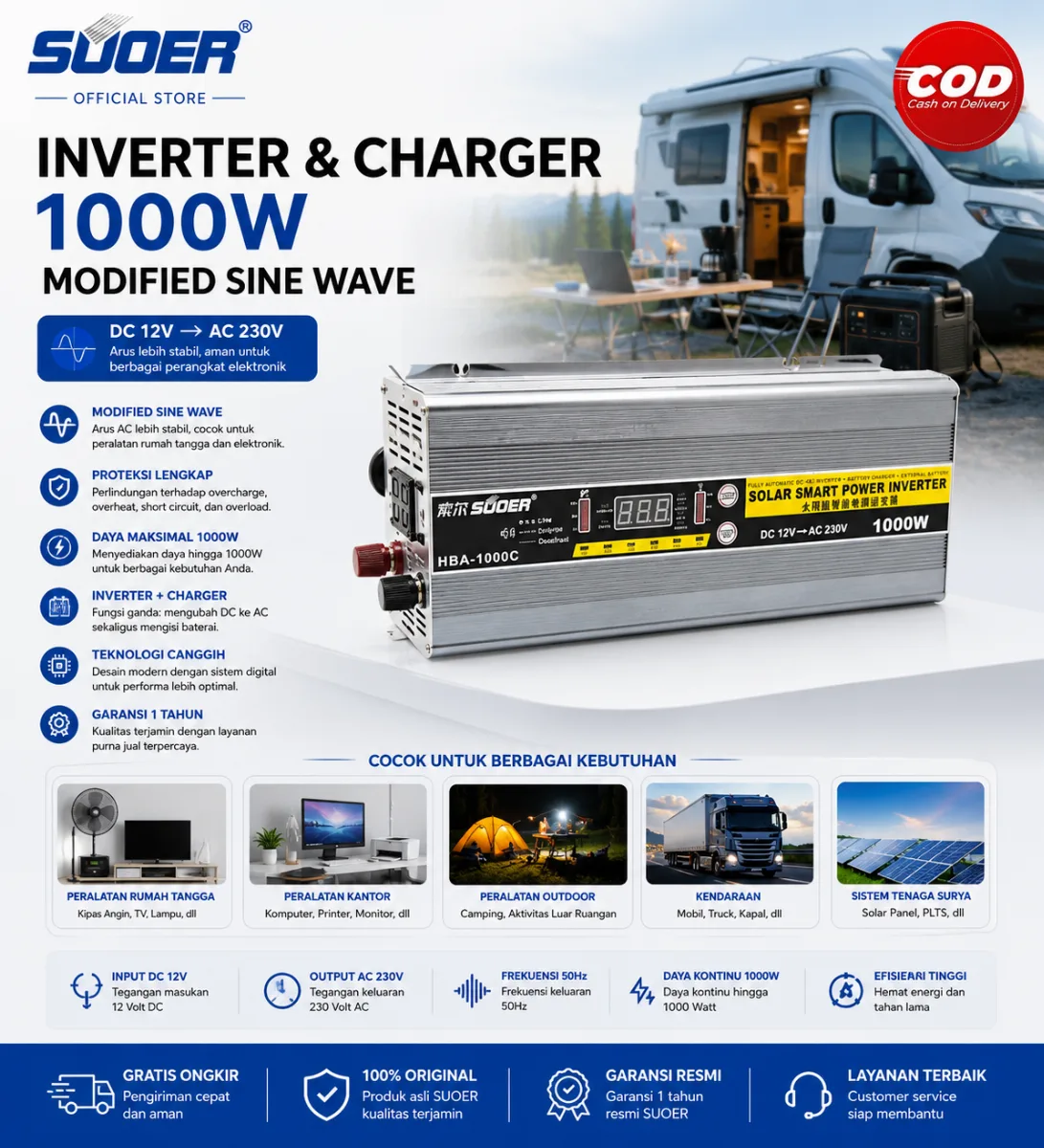 SUOER INVERTER + CHARGER HBA 1000 WATT 12 VOLT MODIFIED SINE WAVE