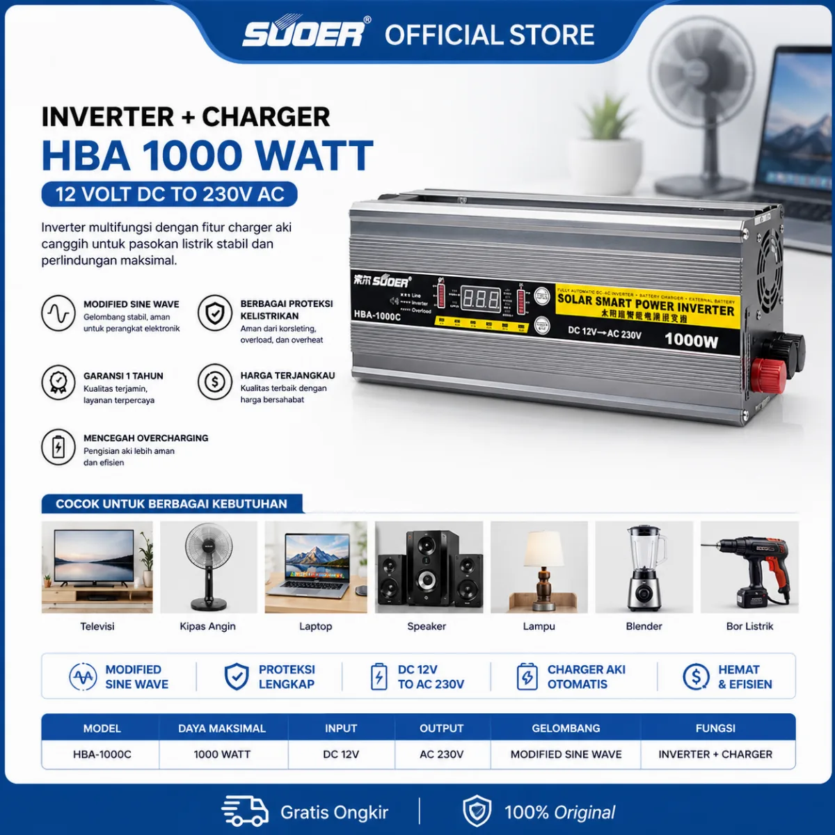 SUOER INVERTER + CHARGER HBA 1000 WATT 12 VOLT MODIFIED SINE WAVE