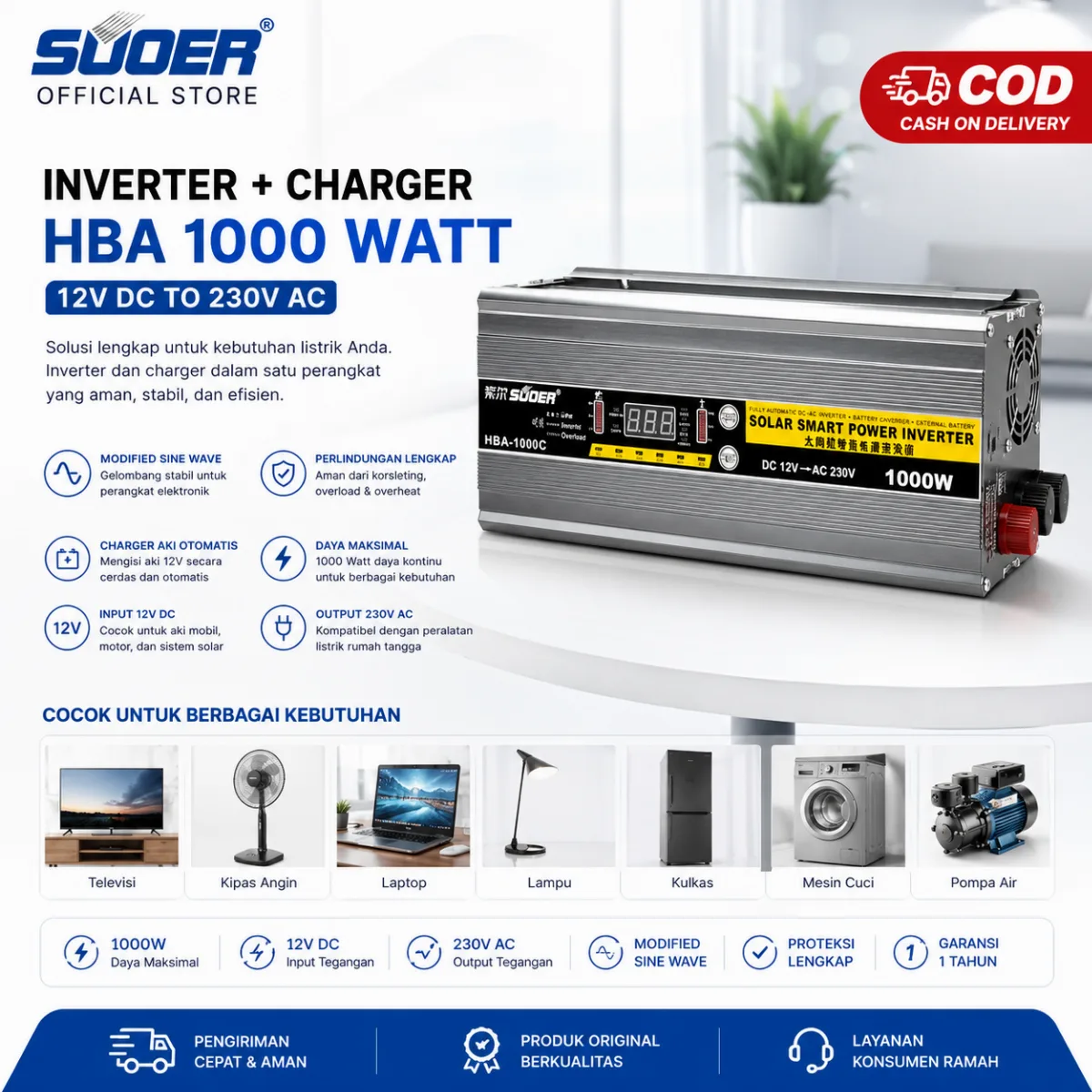 SUOER INVERTER + CHARGER HBA 1000 WATT 12 VOLT MODIFIED SINE WAVE