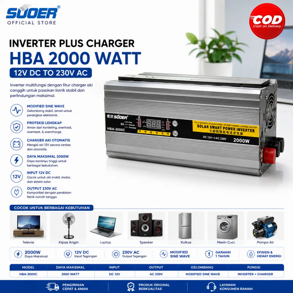 SUOER INVERTER + CHARGER HBA 2000 WATT 12 VOLT MODIFIED SINE WAVE