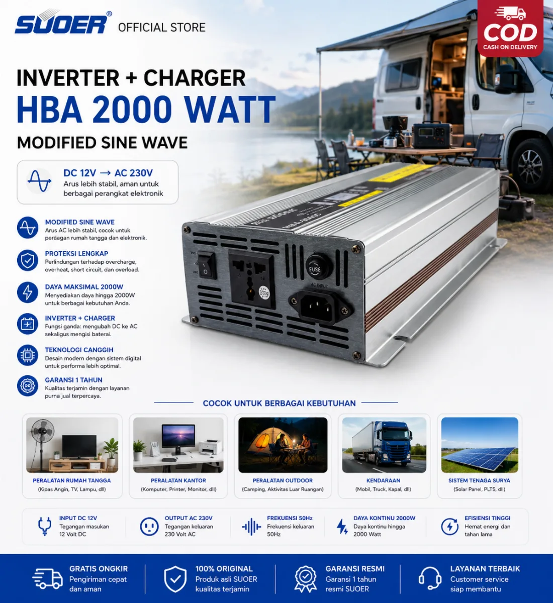 SUOER INVERTER + CHARGER HBA 2000 WATT 12 VOLT MODIFIED SINE WAVE