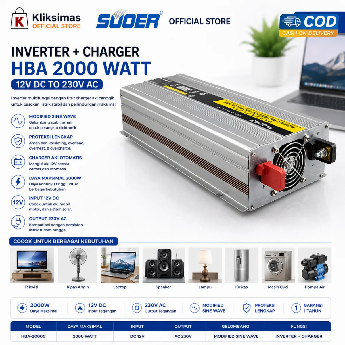 SUOER INVERTER + CHARGER HBA 2000 WATT 12 VOLT MODIFIED SINE WAVE
