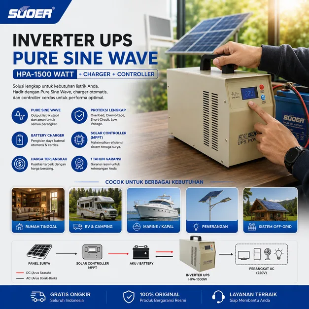 SUOER Inverter Pure Sine Wave HPA-1500W + Charger + Controller Charger Suoer