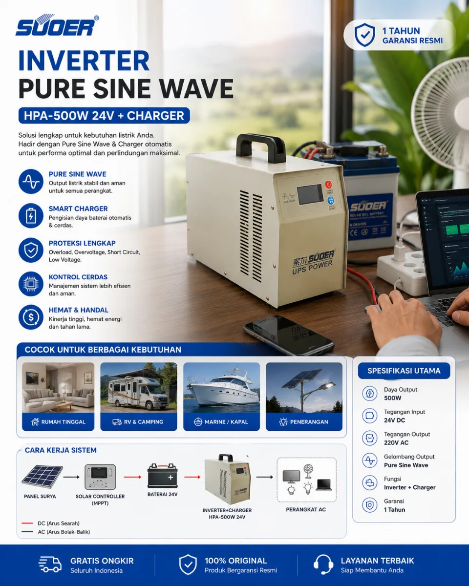 SUOER Inverter Pure Sine Wave HPA-500W 24V+Charger suoer