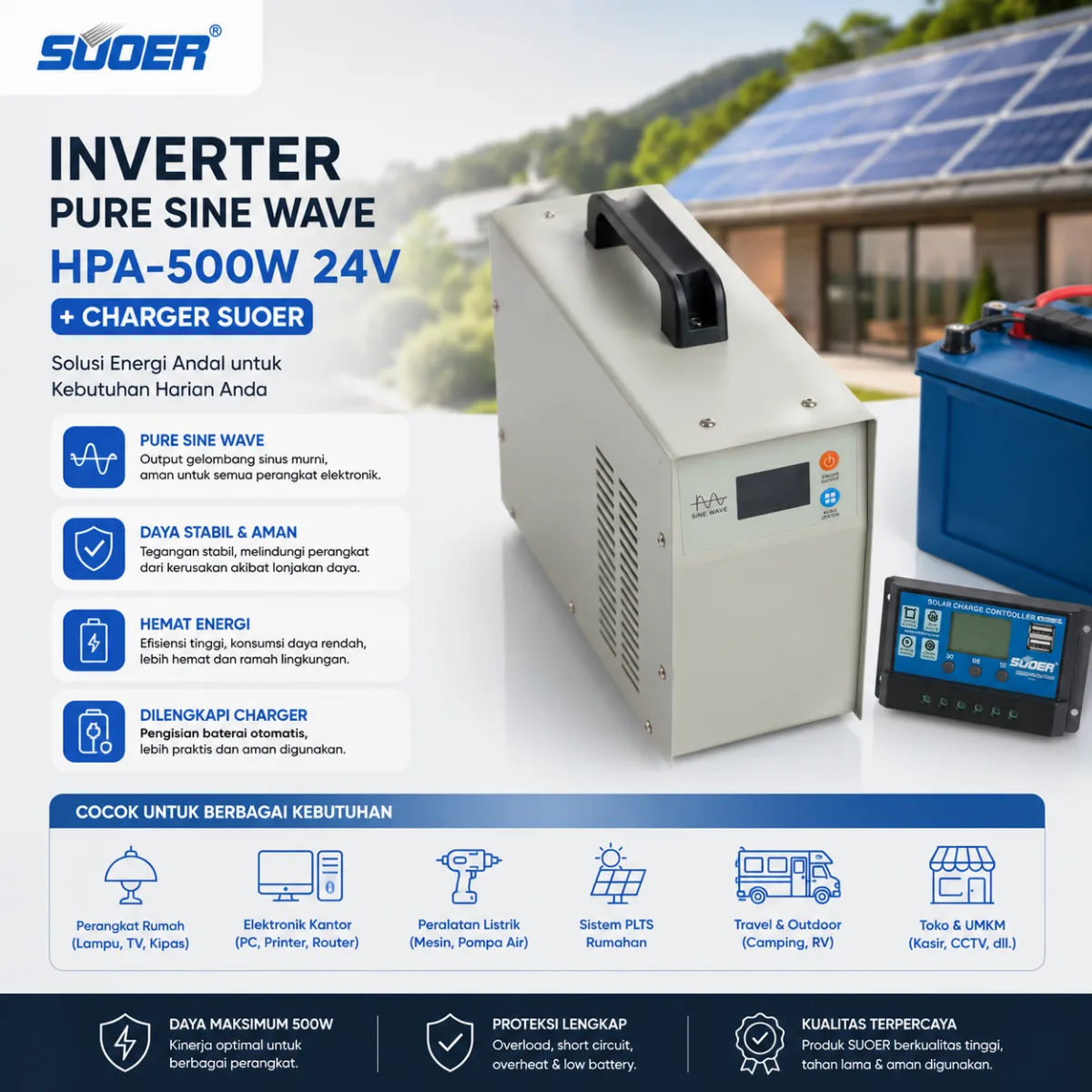 SUOER Inverter Pure Sine Wave HPA-500W 24V+Charger suoer