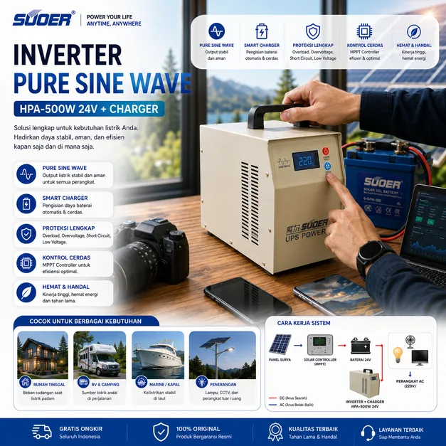 SUOER Inverter Pure Sine Wave HPA-500W 24V+Charger suoer