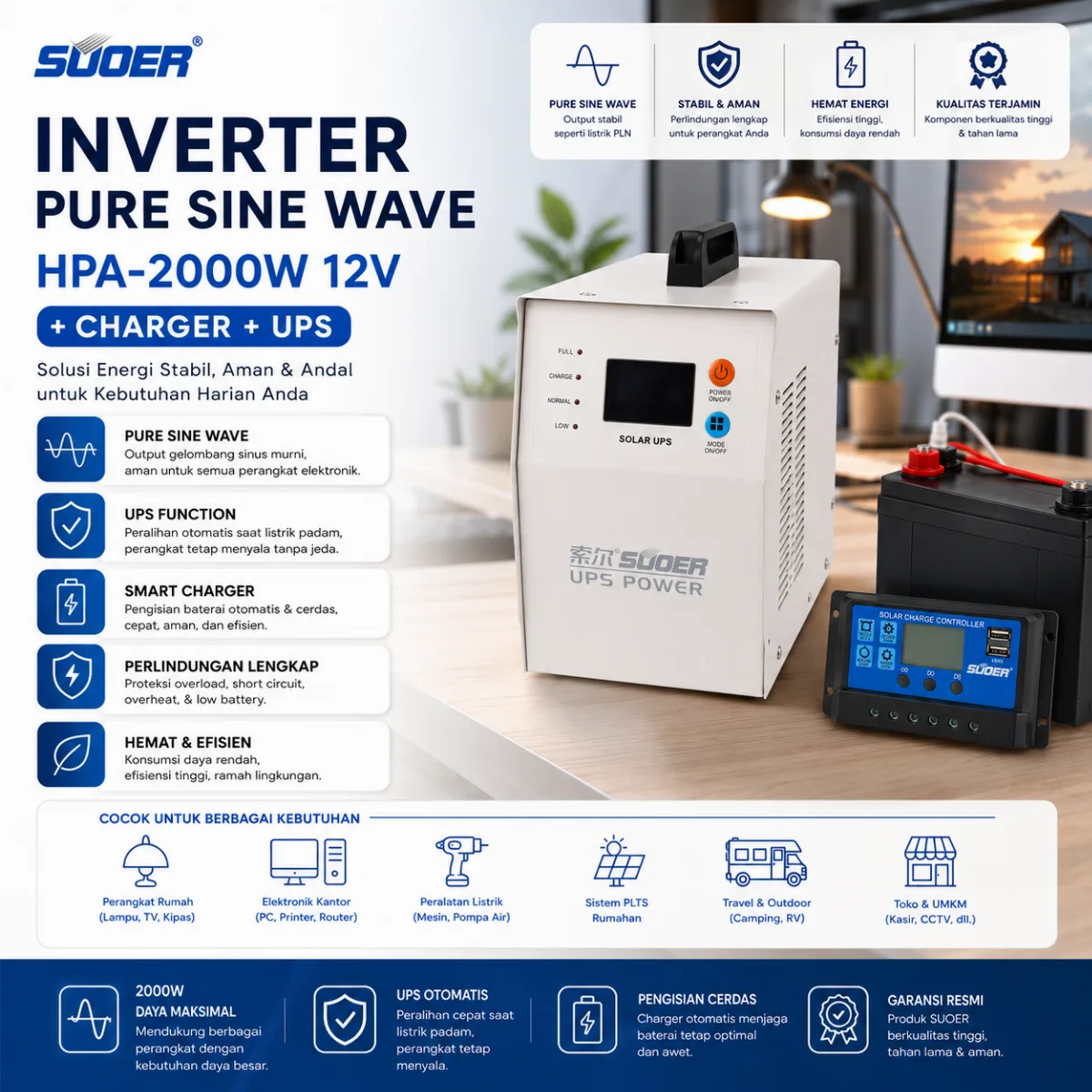 SUOER Inverter Pure Sine Wave HPA-2000W 12V + Charger + Ups