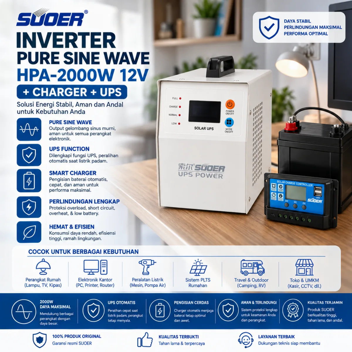SUOER Inverter Pure Sine Wave HPA-2000W 12V + Charger + Ups
