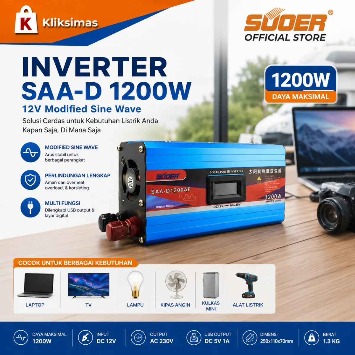 SUOER INVERTER SAA-D 1200 WATT 12 VOLT MODIFIED SINE WAVE