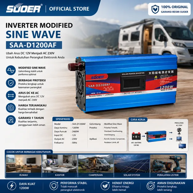 SUOER INVERTER SAA-D 1200 WATT 12 VOLT MODIFIED SINE WAVE