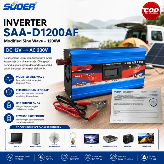SUOER INVERTER SAA-D 1200 WATT 12 VOLT MODIFIED SINE WAVE