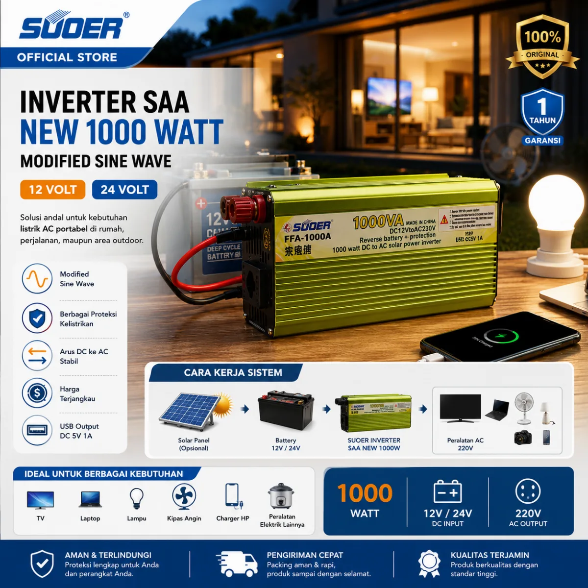 SUOER INVERTER SAA NEW 1000 WATT 12 VOLT DAN 24 VOLT MODIFIED SINE WAVE