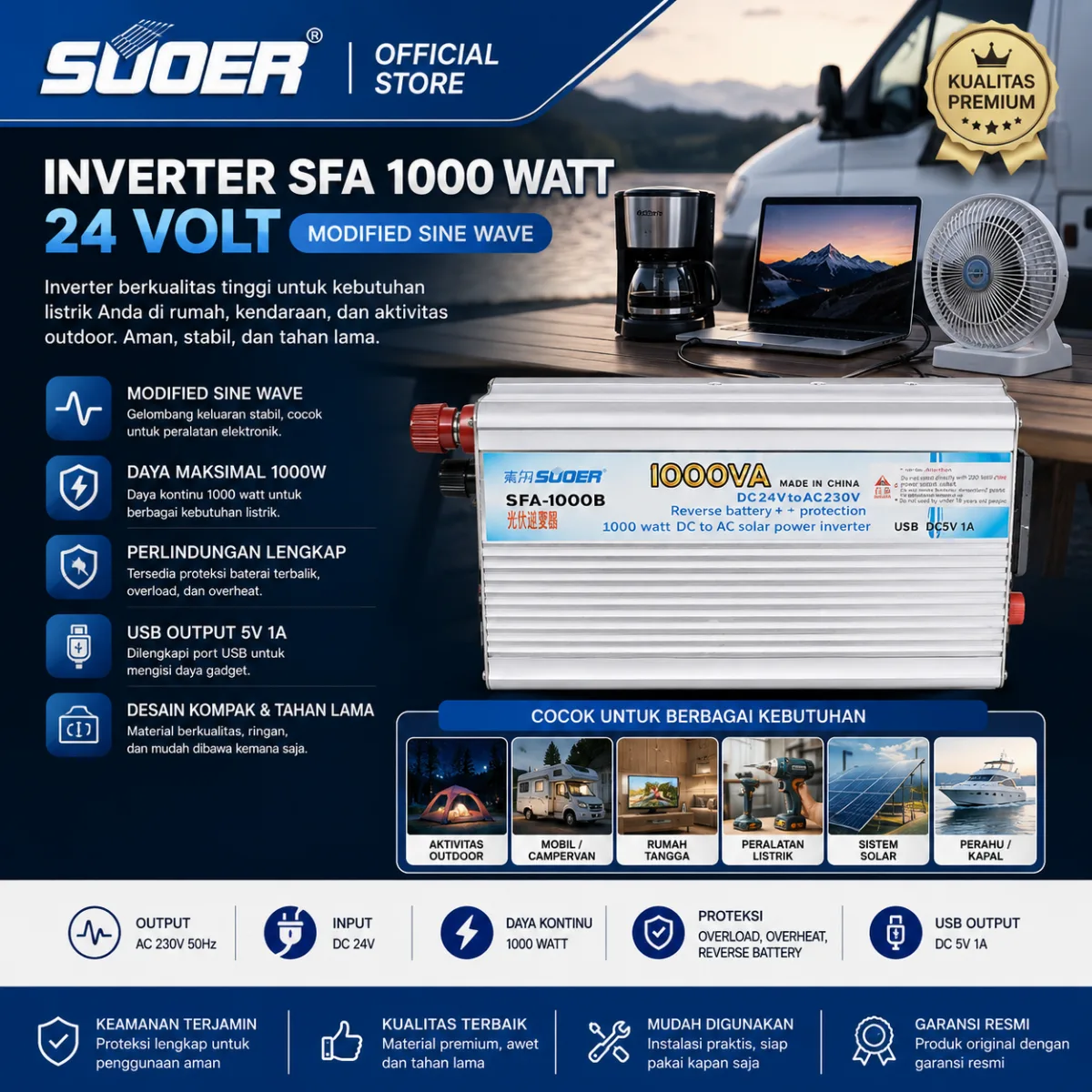 SUOER INVERTER SFA 1000 WATT 24 VOLT (MODIFIED SINE WAVE)