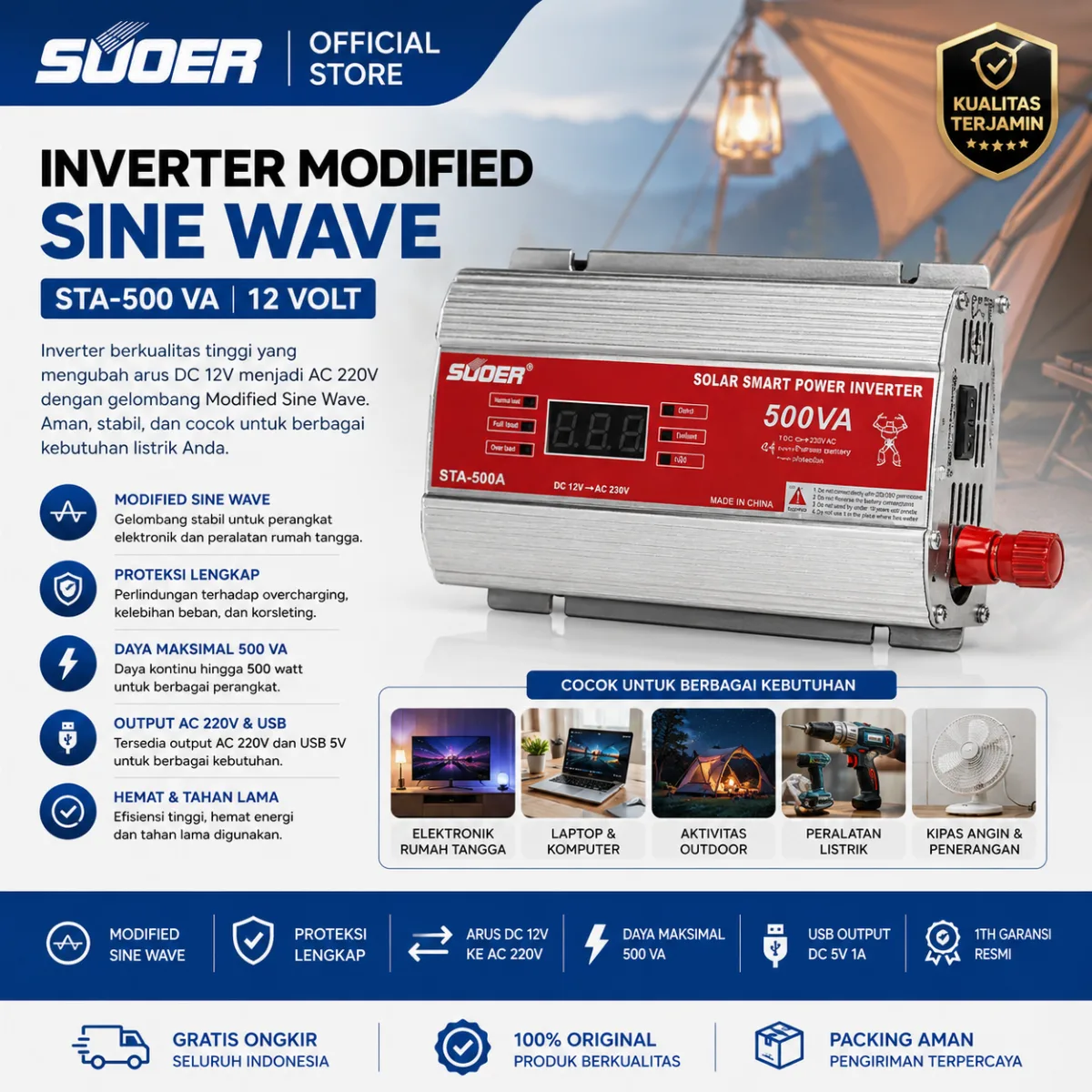 SUOER Inverter STA-500A 12V 400 Watt AC 230V USB 5V 1A