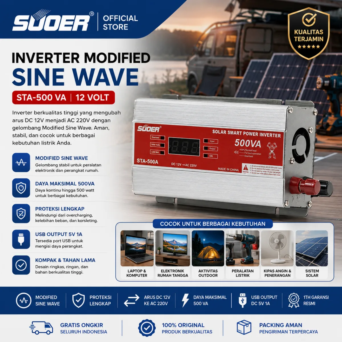 SUOER Inverter STA-500A 12V 400 Watt AC 230V USB 5V 1A