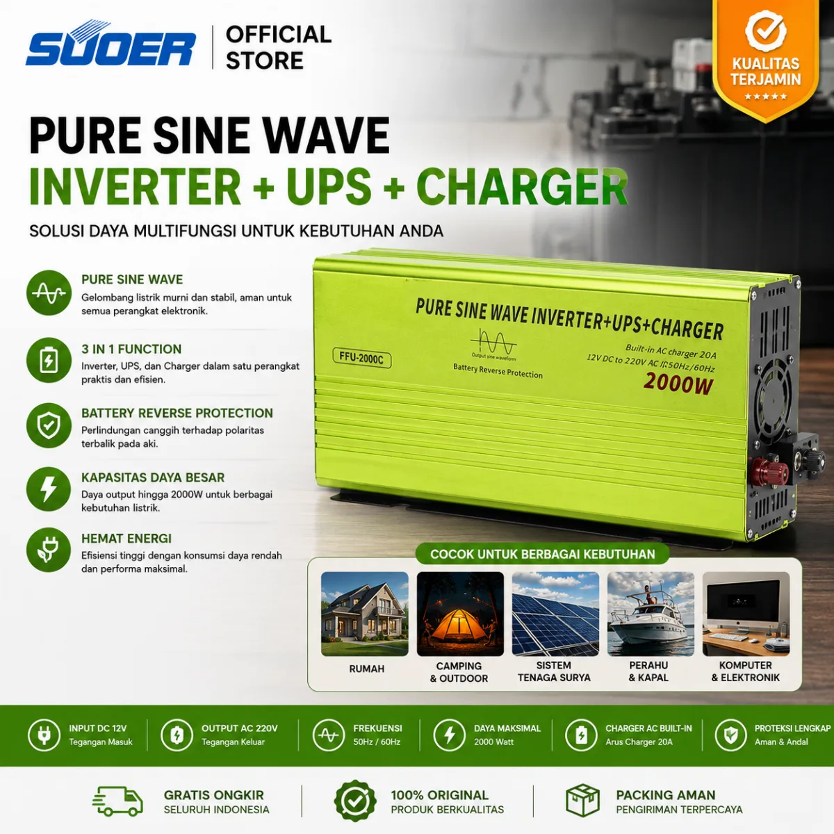 SUOER INVERTER FFU 2000 WATT PURE SINE WAVE