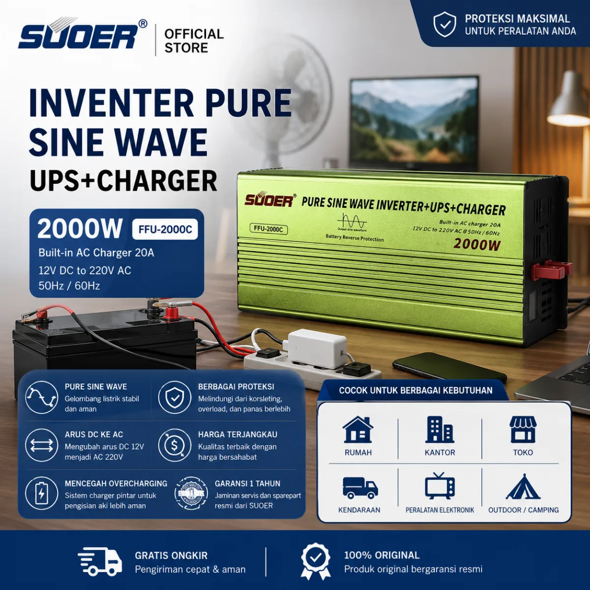 SUOER INVERTER FFU 2000 WATT PURE SINE WAVE