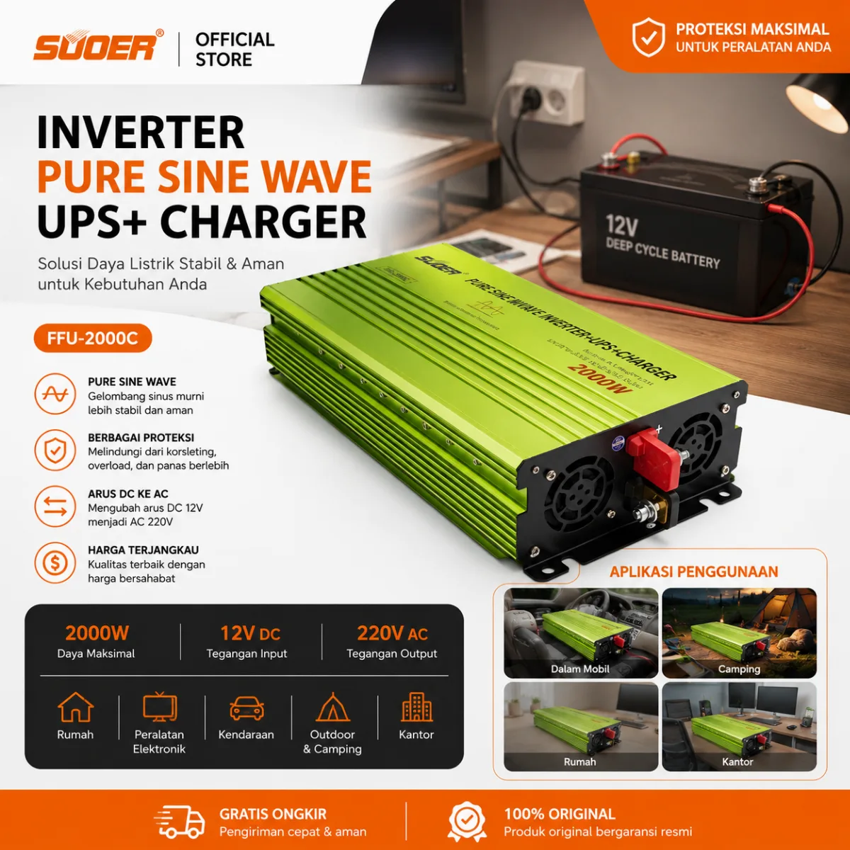 SUOER INVERTER FFU 2000 WATT PURE SINE WAVE