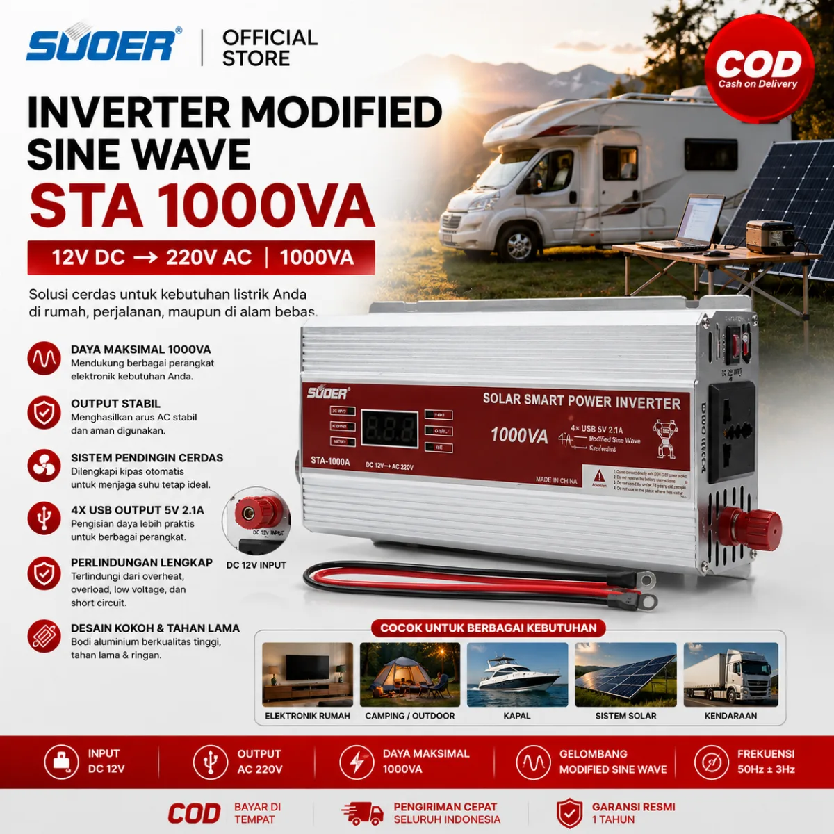 SUOER INVERTER STA 1000 WATT 12 Volt & 24 VOLT MODIFIED SINE WAVE