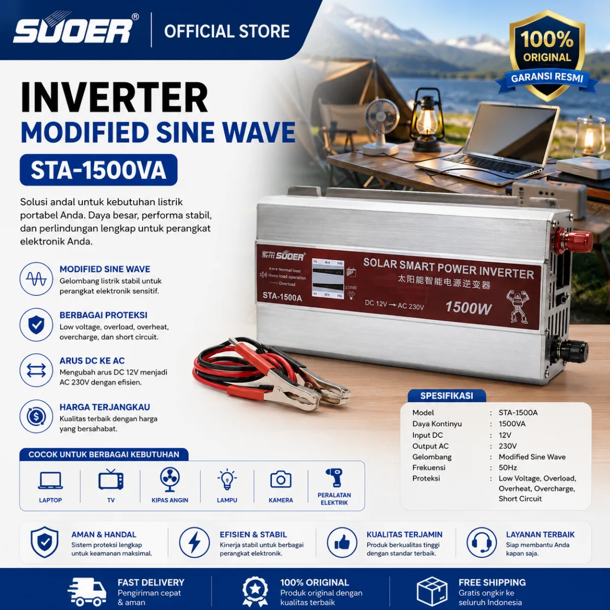 SUOER INVERTER STA 1500 WATT 12 VOLT MODIFIED SINE WAVE