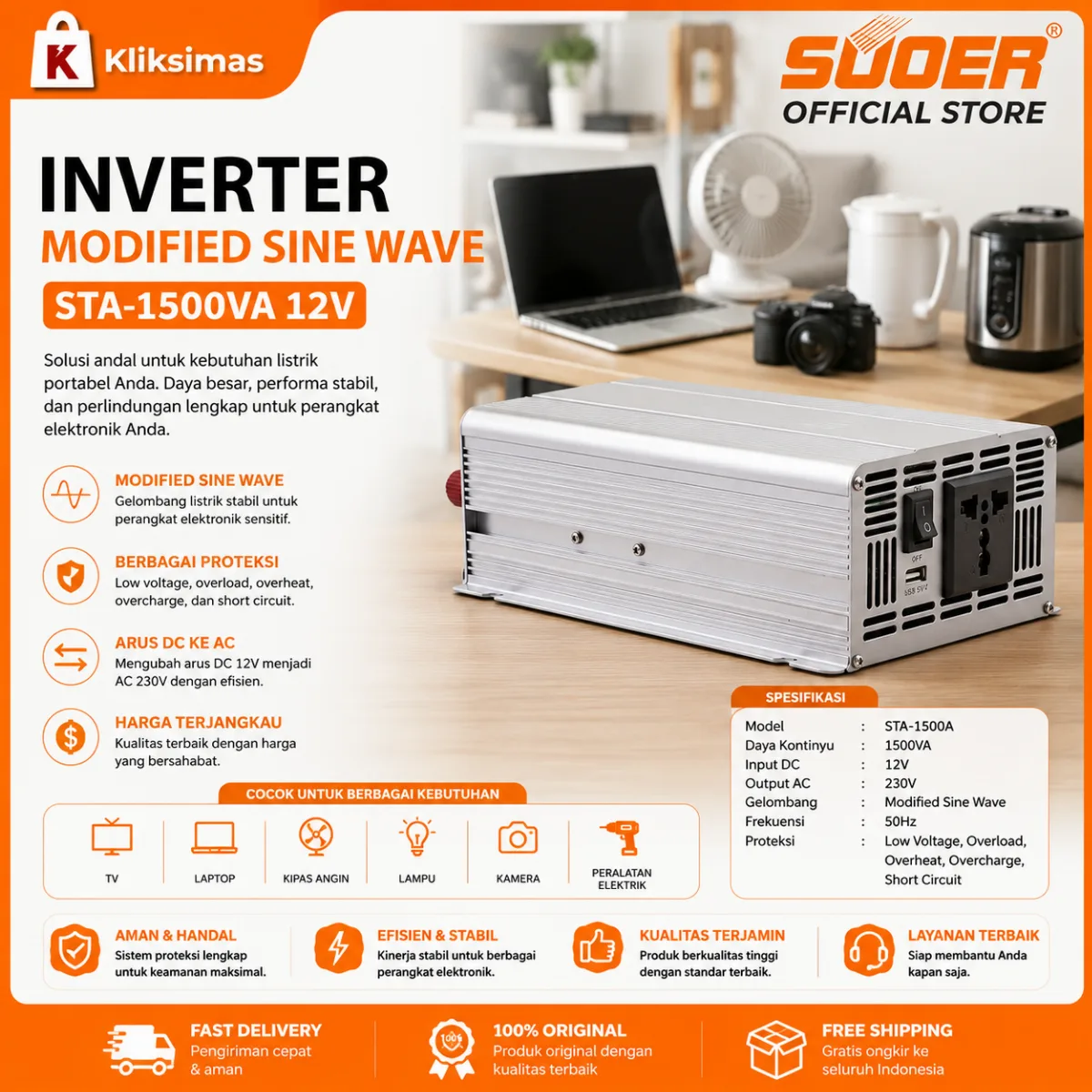 SUOER INVERTER STA 1500 WATT 12 VOLT MODIFIED SINE WAVE
