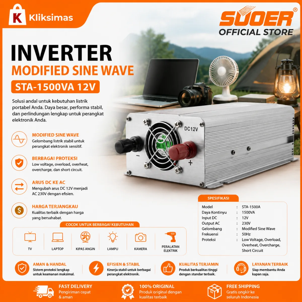 SUOER INVERTER STA 1500 WATT 12 VOLT MODIFIED SINE WAVE