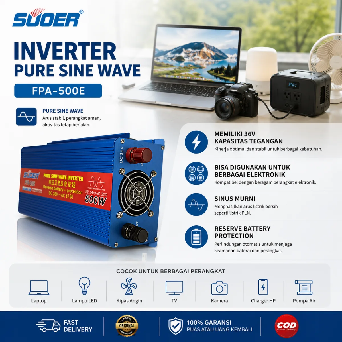 SUOER INVERTER FPA 500 WATT PURE SINE WAVE