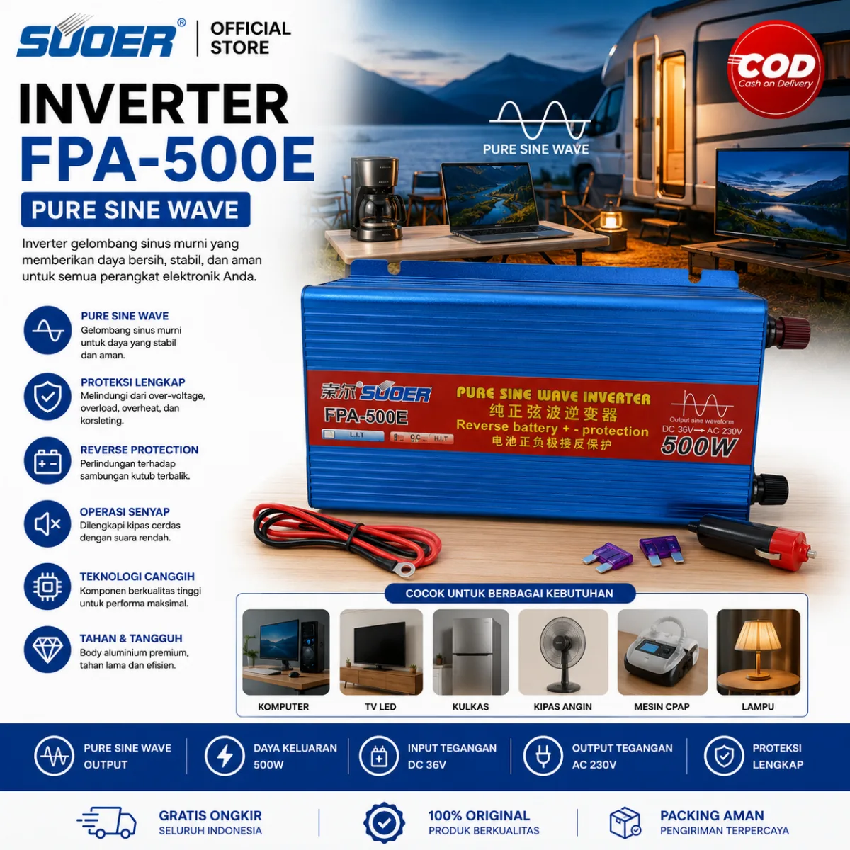 SUOER INVERTER FPA 500 WATT PURE SINE WAVE