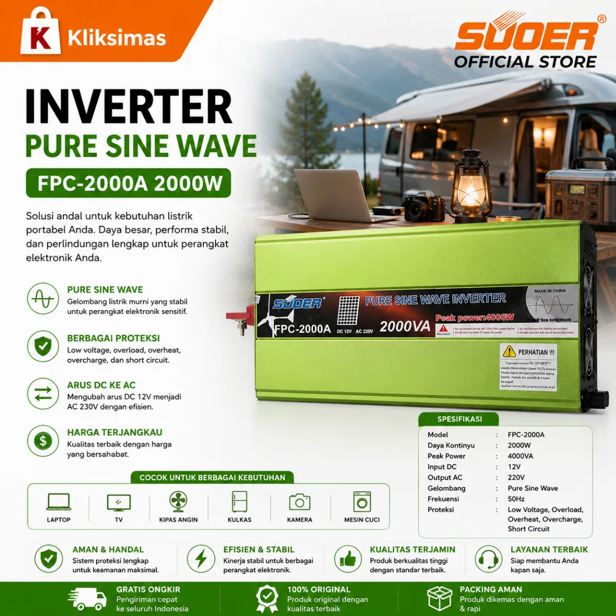 SUOER INVERTER FPC 2000 WATT PURE SINE WAVE