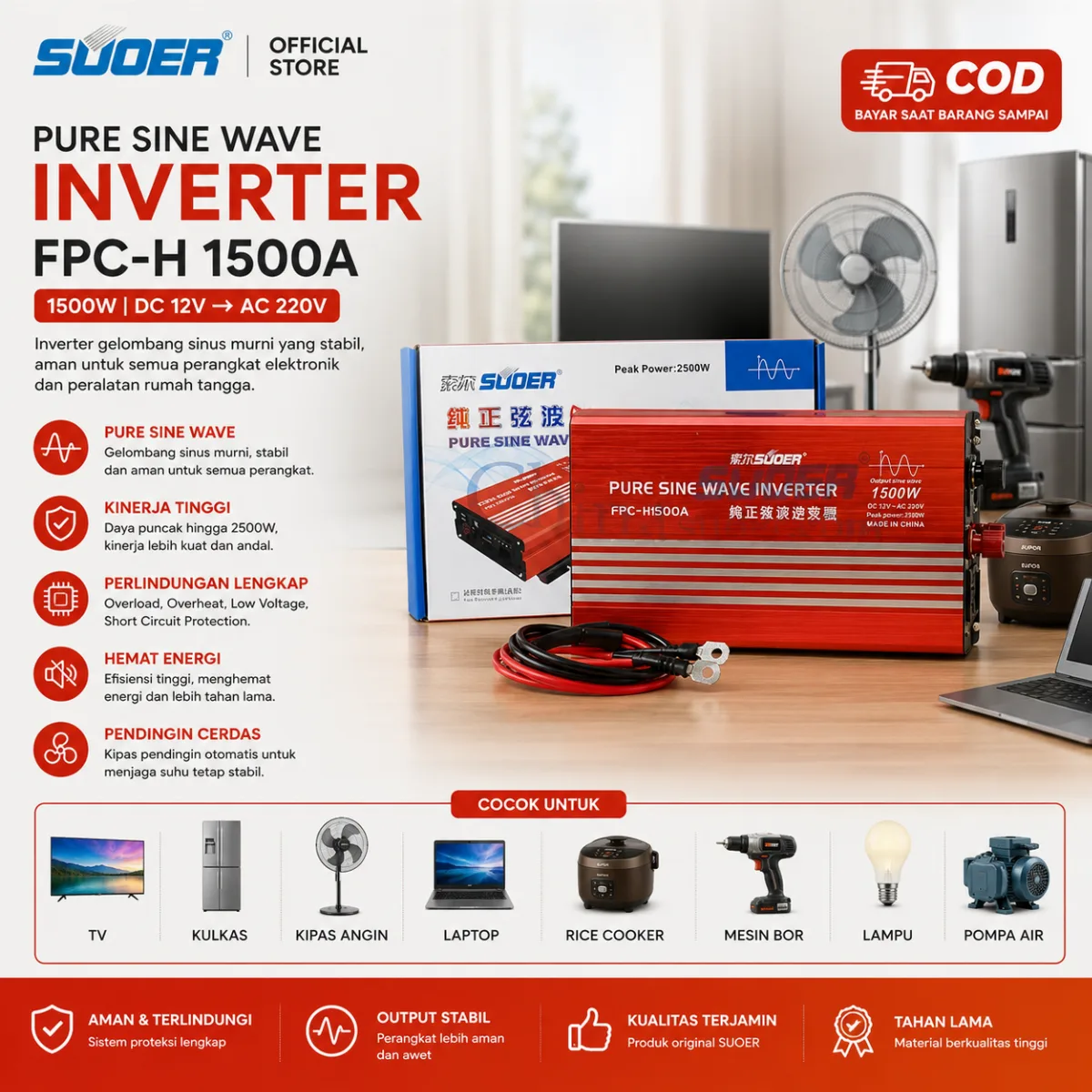 SUOER INVERTER FPC-H 1500 WATT 12 VOLT PURE SINE WAVE