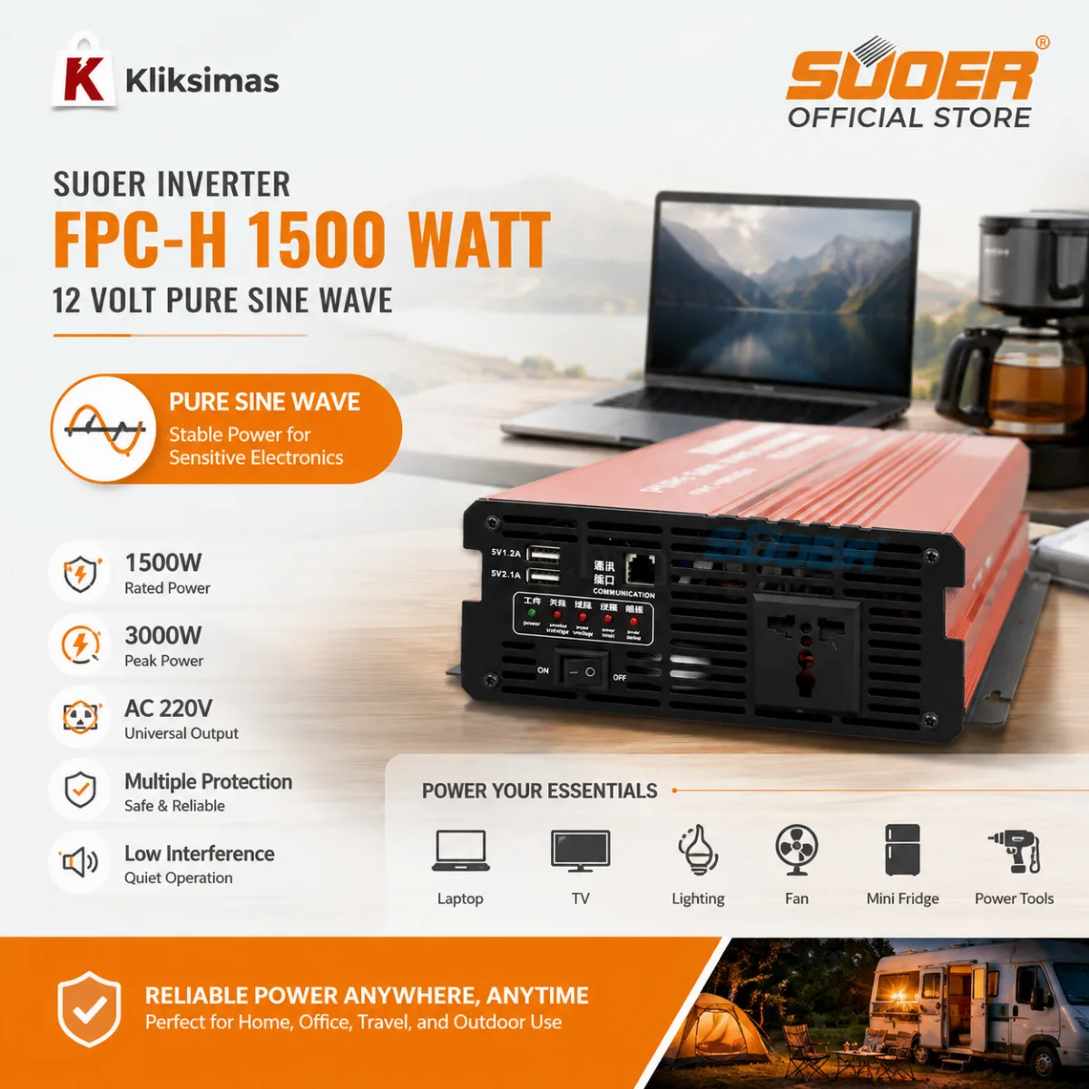SUOER INVERTER FPC-H 1500 WATT 12 VOLT PURE SINE WAVE