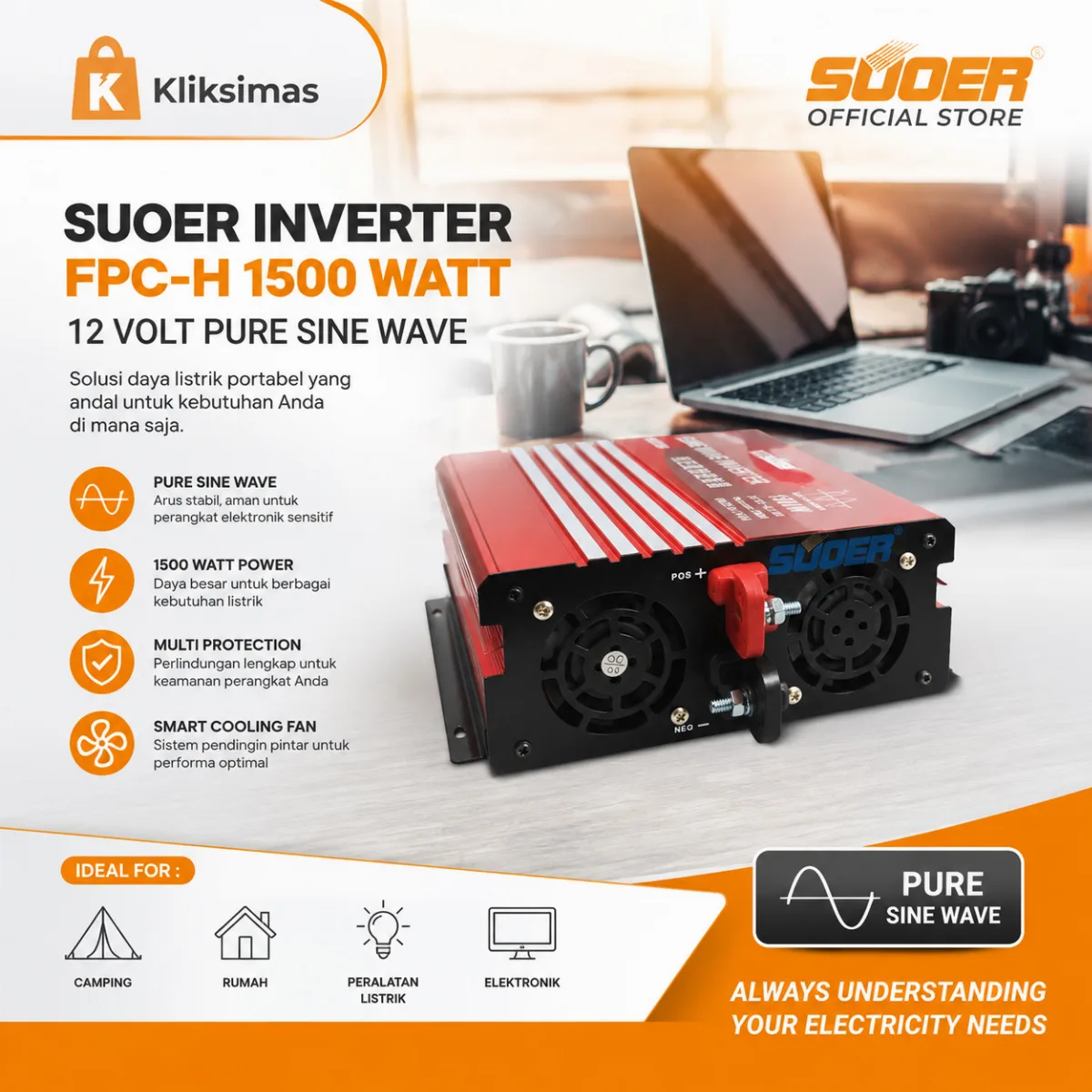 SUOER INVERTER FPC-H 1500 WATT 12 VOLT PURE SINE WAVE