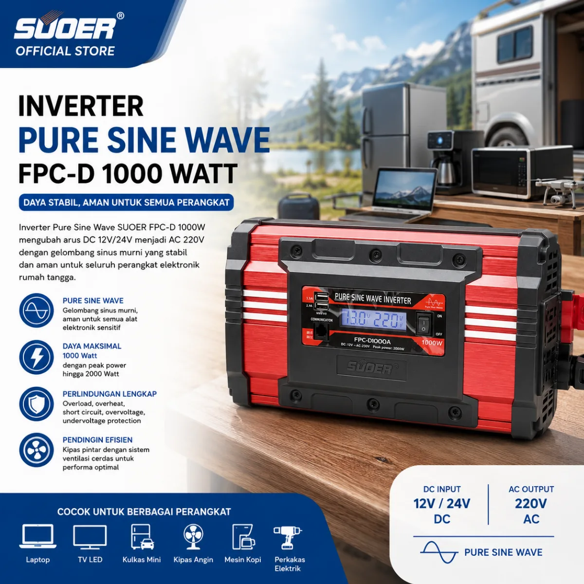 SUOER INVERTER FPC-D 1000 WATT PURE SINE WAVE