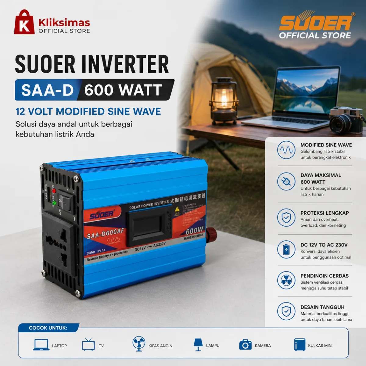 SUOER INVERTER SAA-D 600 WATT 12 VOLT MODIFIED SINE WAVE