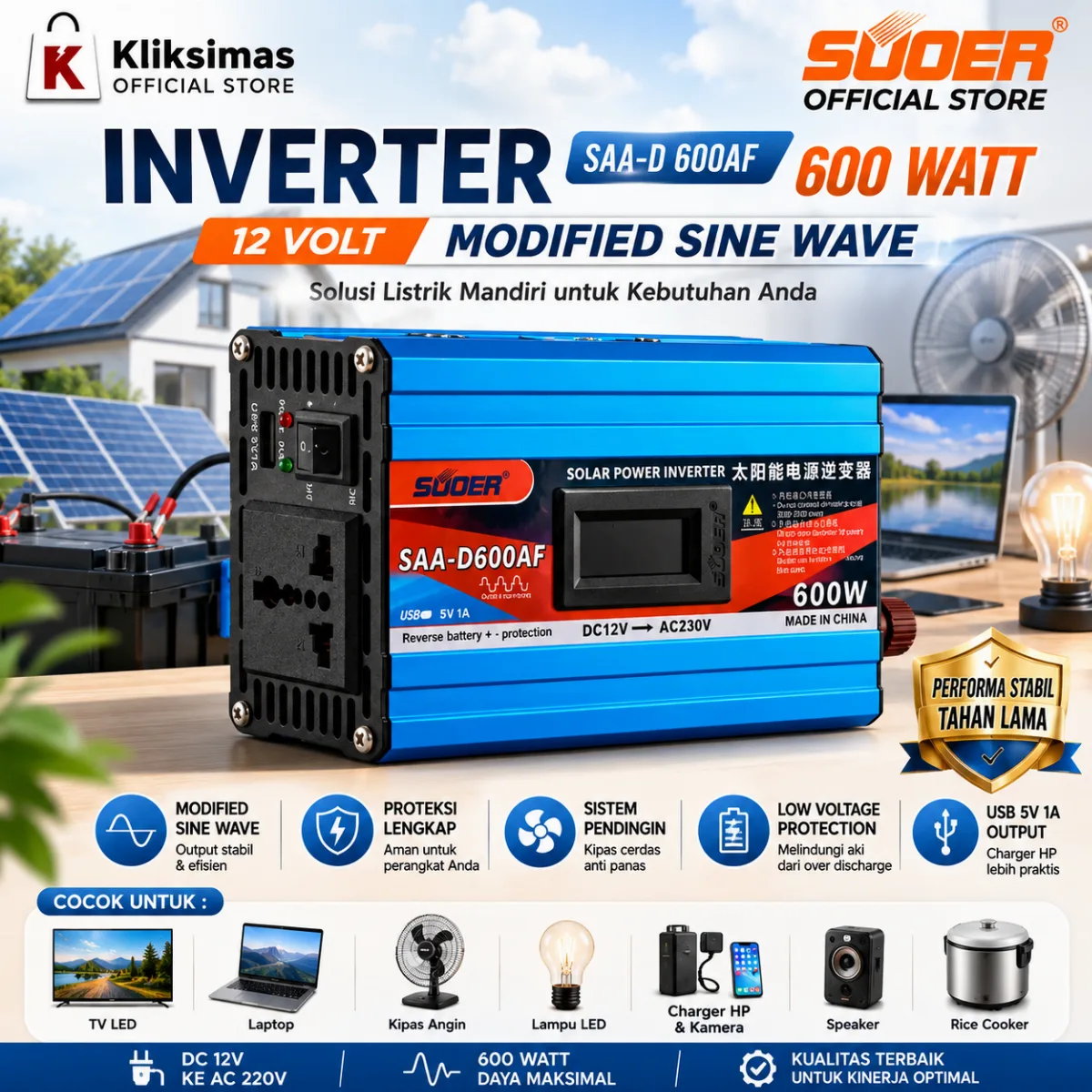 SUOER INVERTER SAA-D 600 WATT 12 VOLT MODIFIED SINE WAVE