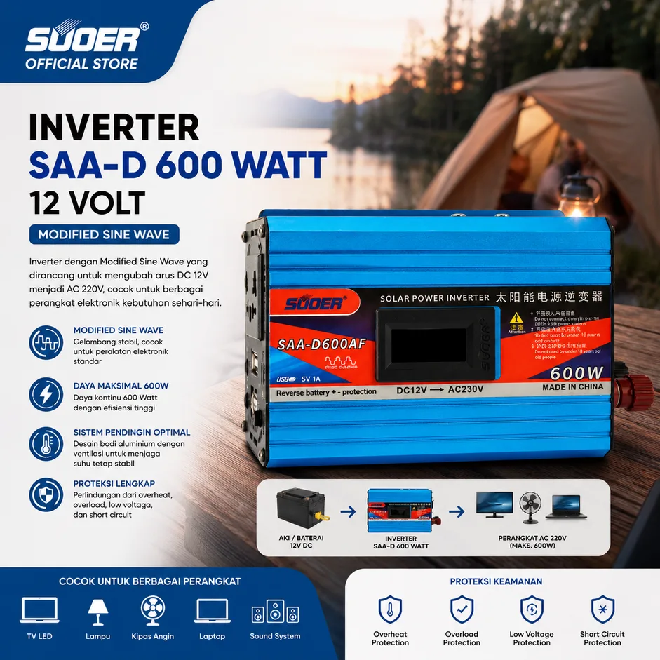 SUOER INVERTER SAA-D 600 WATT 12 VOLT MODIFIED SINE WAVE