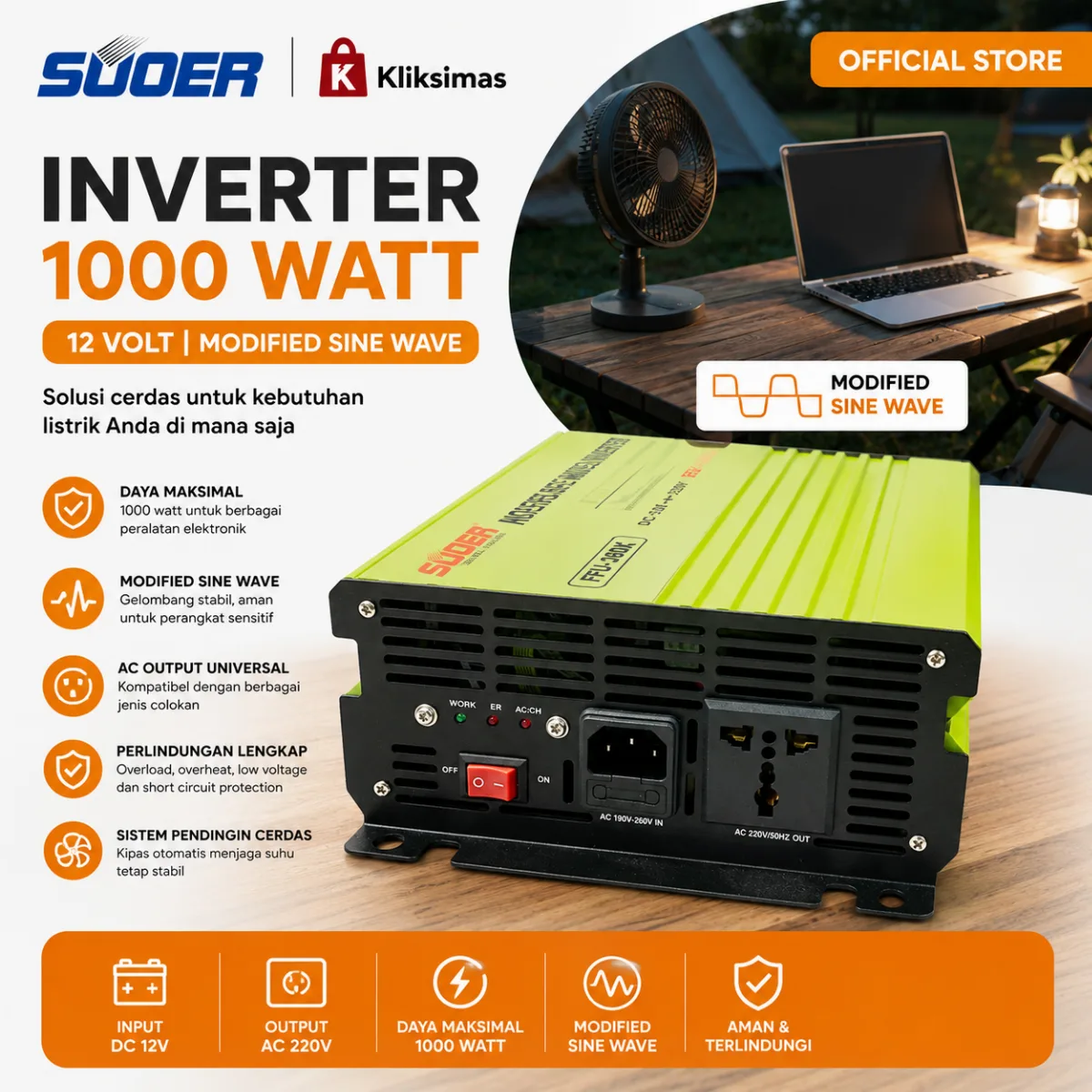 SUOER Inverter FFU-1000 1000 Watt 12V Pure Sine Wave + Charger