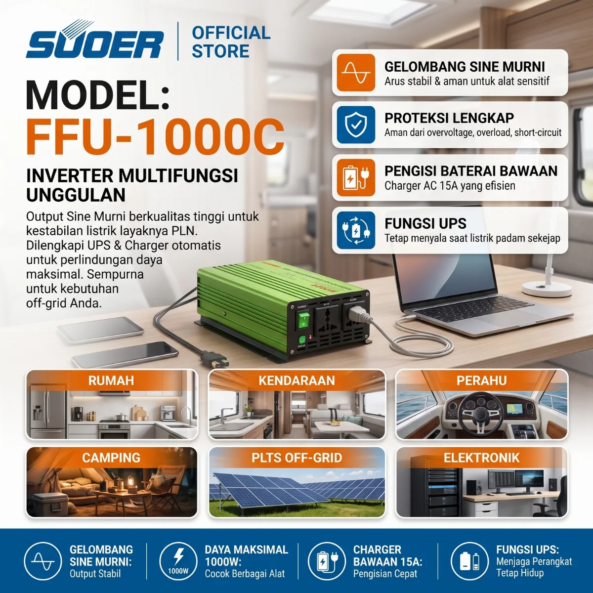 SUOER Inverter FFU-1000 1000 Watt 12V Pure Sine Wave + Charger