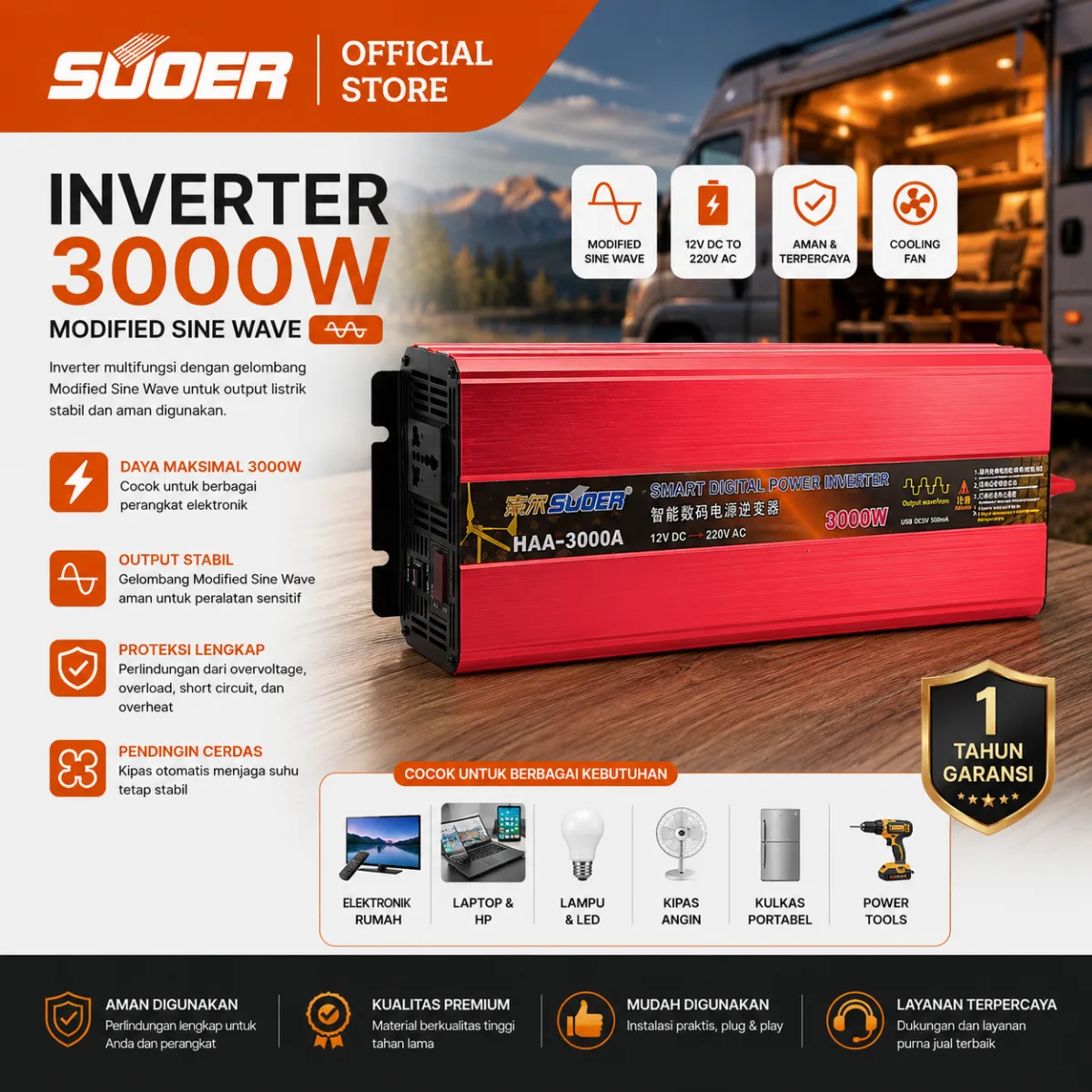SUOER Inverter FFU-1000 1000 Watt 12V Pure Sine Wave dengan Charger
