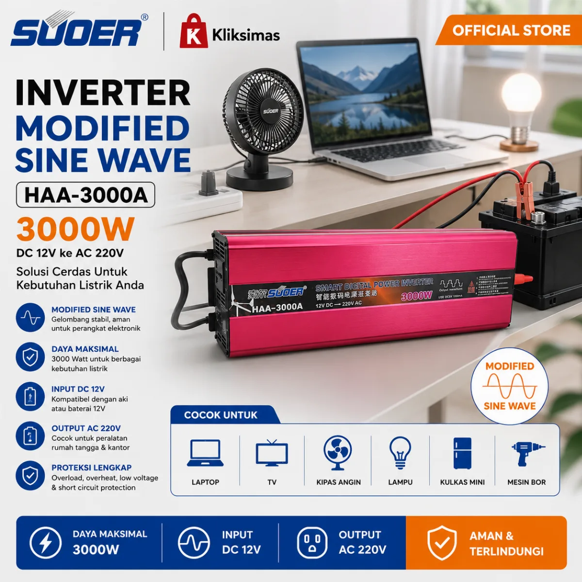 SUOER Inverter FFU-1000 1000 Watt 12V Pure Sine Wave dengan Charger
