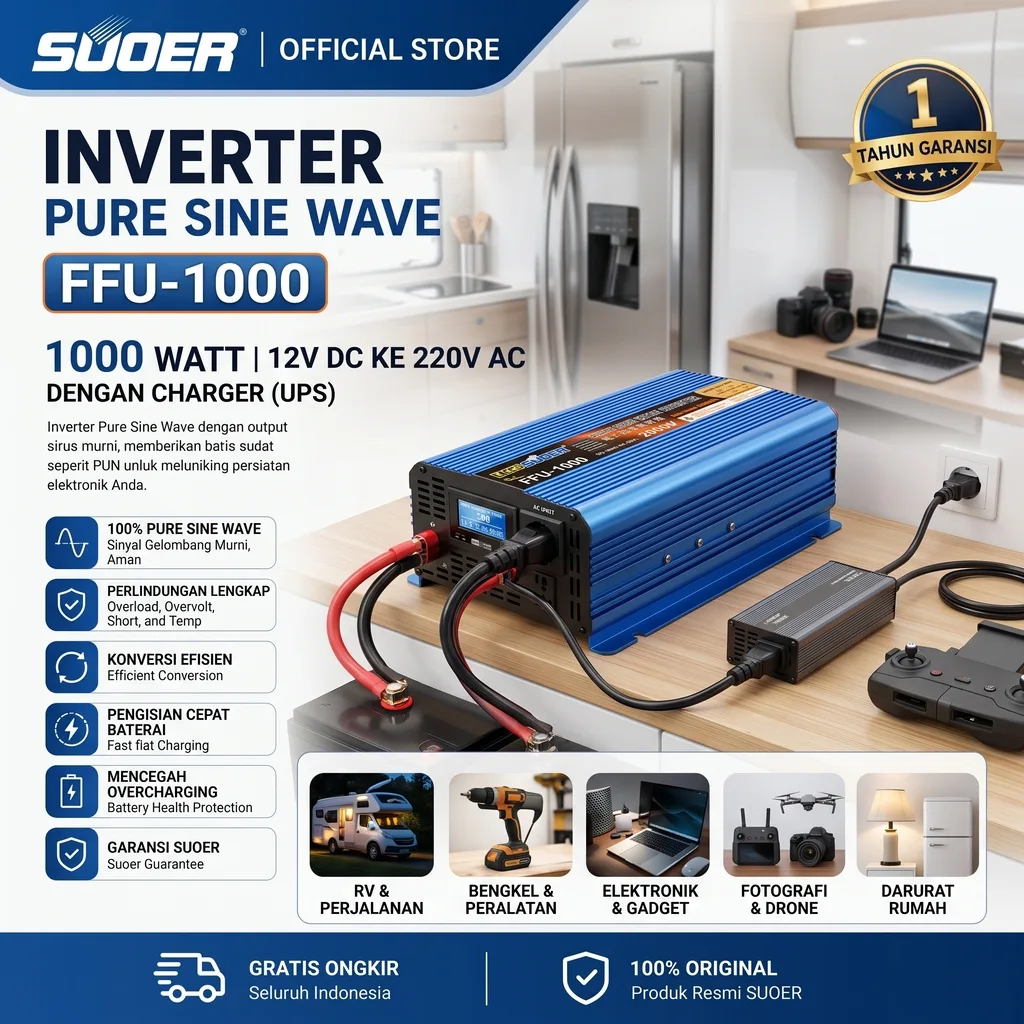 SUOER Inverter FFU-1000 Biru 1000 Watt 12V Pure Sine Wave + Charger